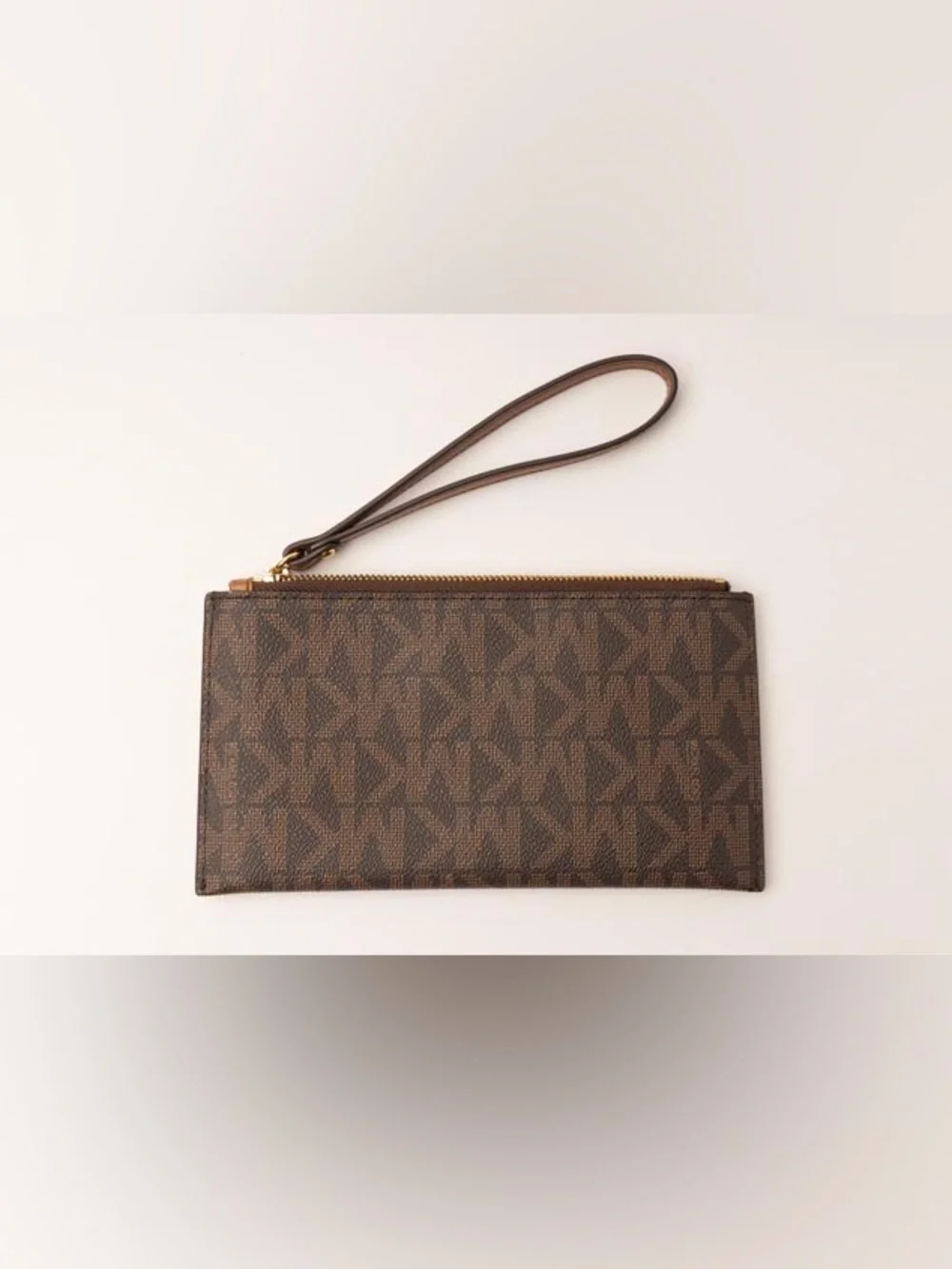 Michael Kors Brown Logo-Print Wristlet with Gold Hardware